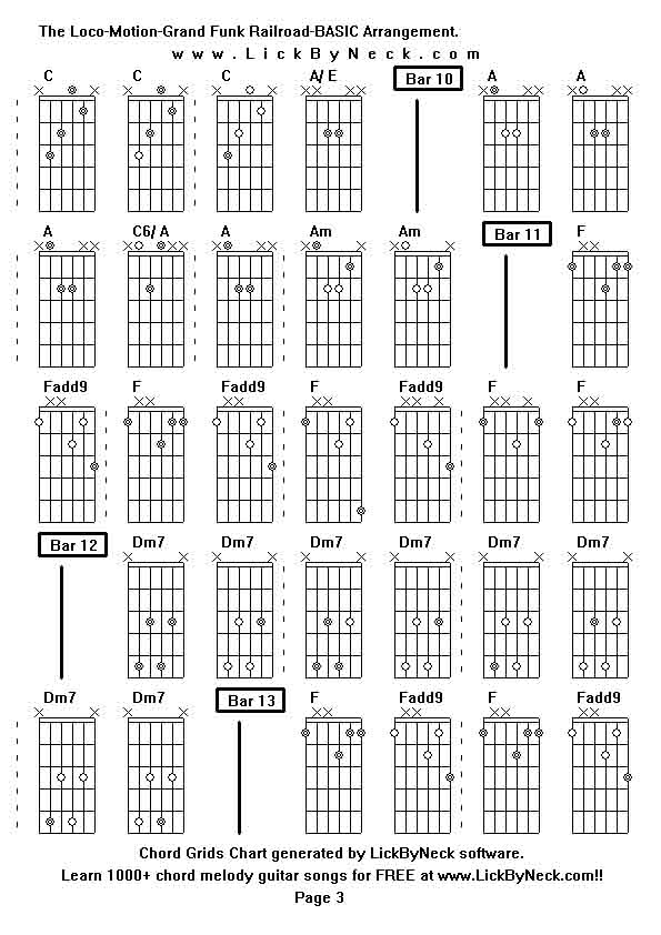 Chord Grids Chart of chord melody fingerstyle guitar song-The Loco-Motion-Grand Funk Railroad-BASIC Arrangement,generated by LickByNeck software.